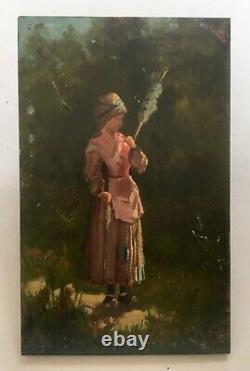 Tableau ancien, La fileuse, Huile sur panneau, Peinture, Fin XIXe