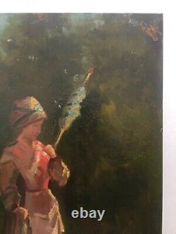 Tableau ancien, La fileuse, Huile sur panneau, Peinture, Fin XIXe