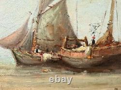 Tableau ancien Marine animée Bateaux pêcheurs Signé Henry Malfroy (1895-1944)