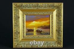 Tableau ancien Marine bord de Mer Nice Raymond Saglietto Pêcheur au crépuscule