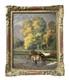 Tableau Ancien, Paysage De Bord De Rivière Avec Des Mules Signé Doigneau