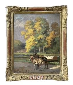 Tableau ancien, Paysage De Bord De Rivière Avec Des Mules Signé Doigneau
