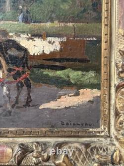 Tableau ancien, Paysage De Bord De Rivière Avec Des Mules Signé Doigneau