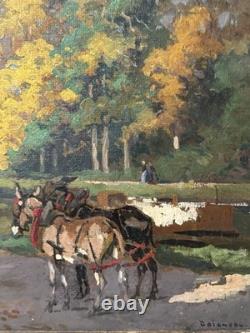 Tableau ancien, Paysage De Bord De Rivière Avec Des Mules Signé Doigneau