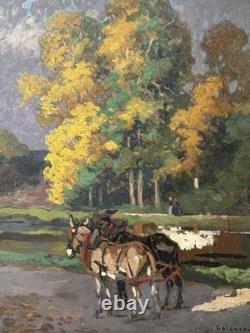Tableau ancien, Paysage De Bord De Rivière Avec Des Mules Signé Doigneau