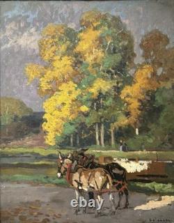 Tableau ancien, Paysage De Bord De Rivière Avec Des Mules Signé Doigneau