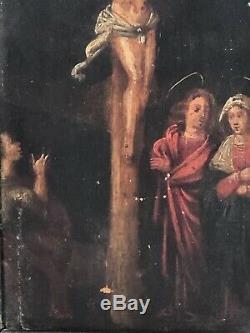 Tableau ancien, Peinture d'une Crucifixion sur bois XVIIIème
