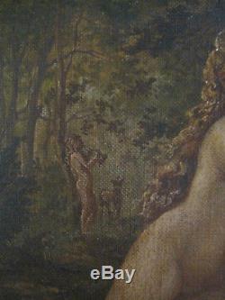 Tableau ancien Portrait Femme Nu Faune Nymphes Huile Toile Symbolisme XIXe