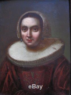 Tableau ancien Portrait Huile Bois Femme Dame Renaissance XIXe Shabby Chic