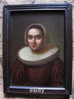 Tableau ancien Portrait Huile Bois Femme Dame Renaissance XIXe Shabby Chic