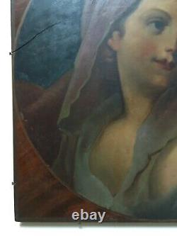 Tableau ancien, Portrait de femme en médaillon sur panneau d'acajou, XIXe