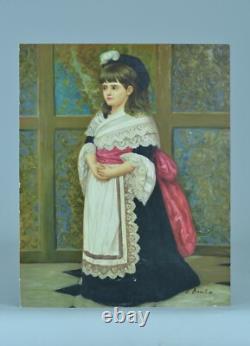 Tableau ancien Portrait de jeune fille en costume Coiffe traditionnelle signé