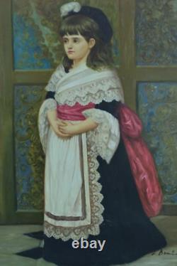 Tableau ancien Portrait de jeune fille en costume Coiffe traditionnelle signé