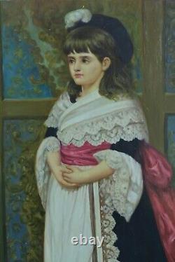 Tableau ancien Portrait de jeune fille en costume Coiffe traditionnelle signé