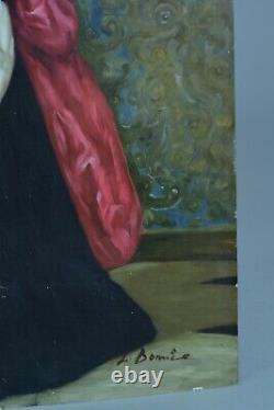 Tableau ancien Portrait de jeune fille en costume Coiffe traditionnelle signé