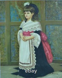 Tableau ancien Portrait de jeune fille en costume Coiffe traditionnelle signé