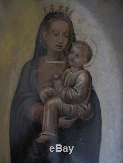 Tableau ancien Religieux Vierge à l'enfant Huile Bois Panneau de Retable XVIIe