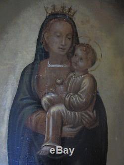 Tableau ancien Religieux Vierge à l'enfant Huile Bois Panneau de Retable XVIIe