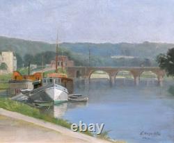 Tableau ancien Victor Marais-Milton pont Sèvres Saint-Cloud paysage Seine Meudon
