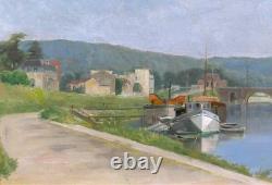 Tableau ancien Victor Marais-Milton pont Sèvres Saint-Cloud paysage Seine Meudon