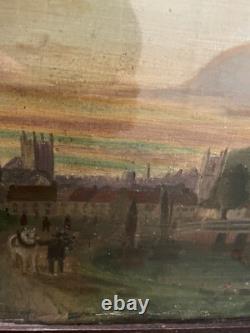 Tableau ancien Ville Cathédrale XVIIe sur bois