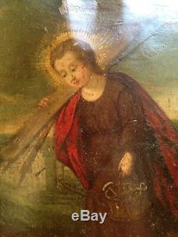 Tableau ancien XVIIe Huile sur cuivre Jésus enfant Instruments de la Passion 17e