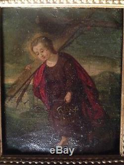 Tableau ancien XVIIe Huile sur cuivre Jésus enfant Instruments de la Passion 17e