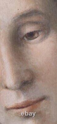 Tableau ancien huile bois portrait femme élégante mélancolique voilage bleu