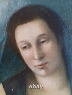 Tableau ancien huile bois portrait femme élégante mélancolique voilage bleu