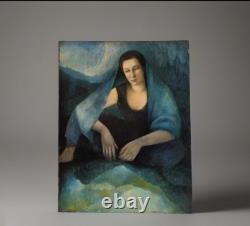 Tableau ancien huile bois portrait femme élégante mélancolique voilage bleu
