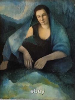 Tableau ancien huile bois portrait femme élégante mélancolique voilage bleu