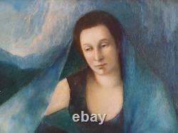Tableau ancien huile bois portrait femme élégante mélancolique voilage bleu