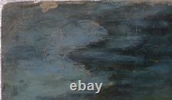 Tableau ancien huile bois portrait femme élégante mélancolique voilage bleu