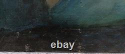Tableau ancien huile bois portrait femme élégante mélancolique voilage bleu