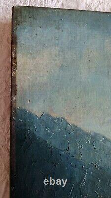 Tableau ancien huile bois portrait femme élégante mélancolique voilage bleu