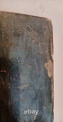 Tableau ancien huile bois portrait femme élégante mélancolique voilage bleu