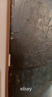 Tableau ancien huile bois portrait femme élégante mélancolique voilage bleu