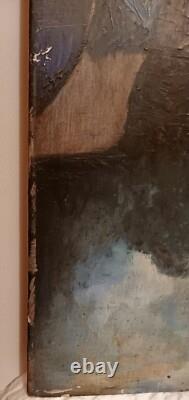 Tableau ancien huile bois portrait femme élégante mélancolique voilage bleu