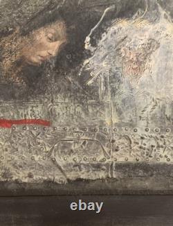 Tableau ancien huile composition mixte sculpture boulons femme mélancolie signé