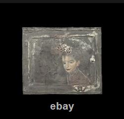 Tableau ancien huile composition mixte sculpture portrait enfant motif moulures