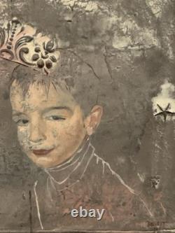 Tableau ancien huile composition mixte sculpture portrait enfant motif moulures
