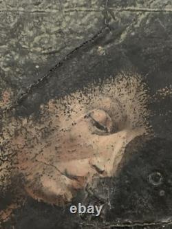 Tableau ancien huile composition mixte sculpture portrait femme mélancolie