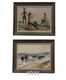 Tableau ancien huile double face paysage chevaux marine scène de genre singe sig