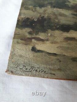 Tableau ancien huile impressionniste XIX signé Marine Paysage Plage à restaurer