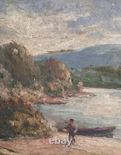 Tableau ancien huile paysage Dordogne rivière animée impressionniste J. P Laval
