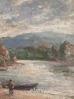 Tableau ancien huile paysage Dordogne rivière animée impressionniste J. P Laval