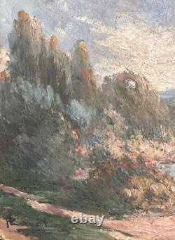 Tableau ancien huile paysage Dordogne rivière animée impressionniste J. P Laval