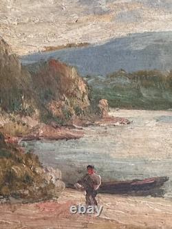 Tableau ancien huile paysage Dordogne rivière animée impressionniste J. P Laval