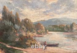 Tableau ancien huile paysage Dordogne rivière animée impressionniste J. P Laval