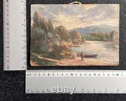 Tableau ancien huile paysage Dordogne rivière animée impressionniste J. P Laval